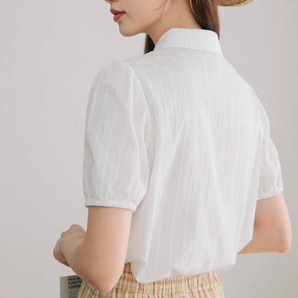 INMAN Floral Puff-Sleeve Cutton Blouse with Ruffled Collar - Picture 3 of 8